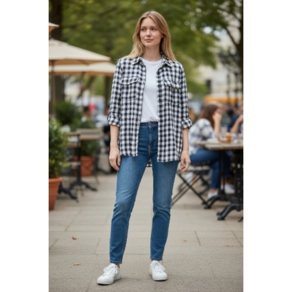 William Rast Womens XS Gingham Button Down Shirt Navy White Roll Tab Sleeve Top